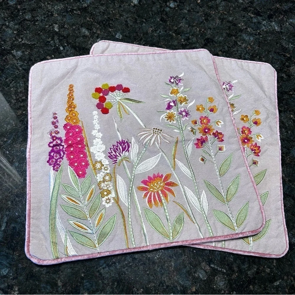 Hand Embroidered Pillow Covers | Floral Design | Set of 2 | 16 x 16